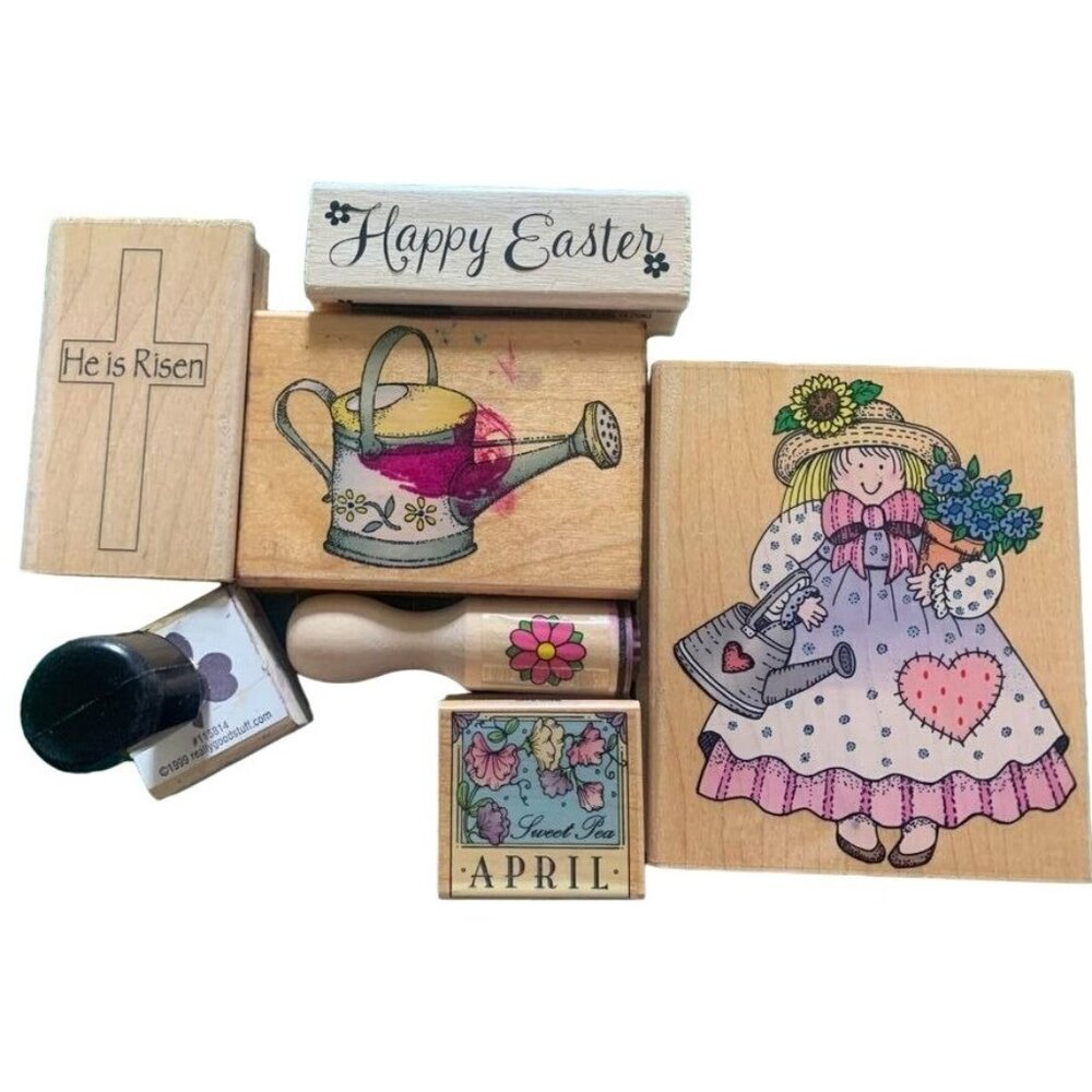 Lot Wooden Rubber Stamps Easter/Cross/Farmgirl/Clover Designs Craft Supplies